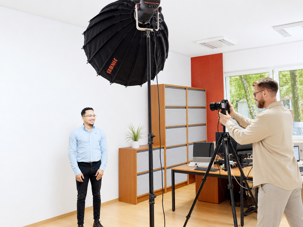 Akkubetriebenes Fotografie-Setup bei einem Mitarbeitershooting vor Ort im Büro