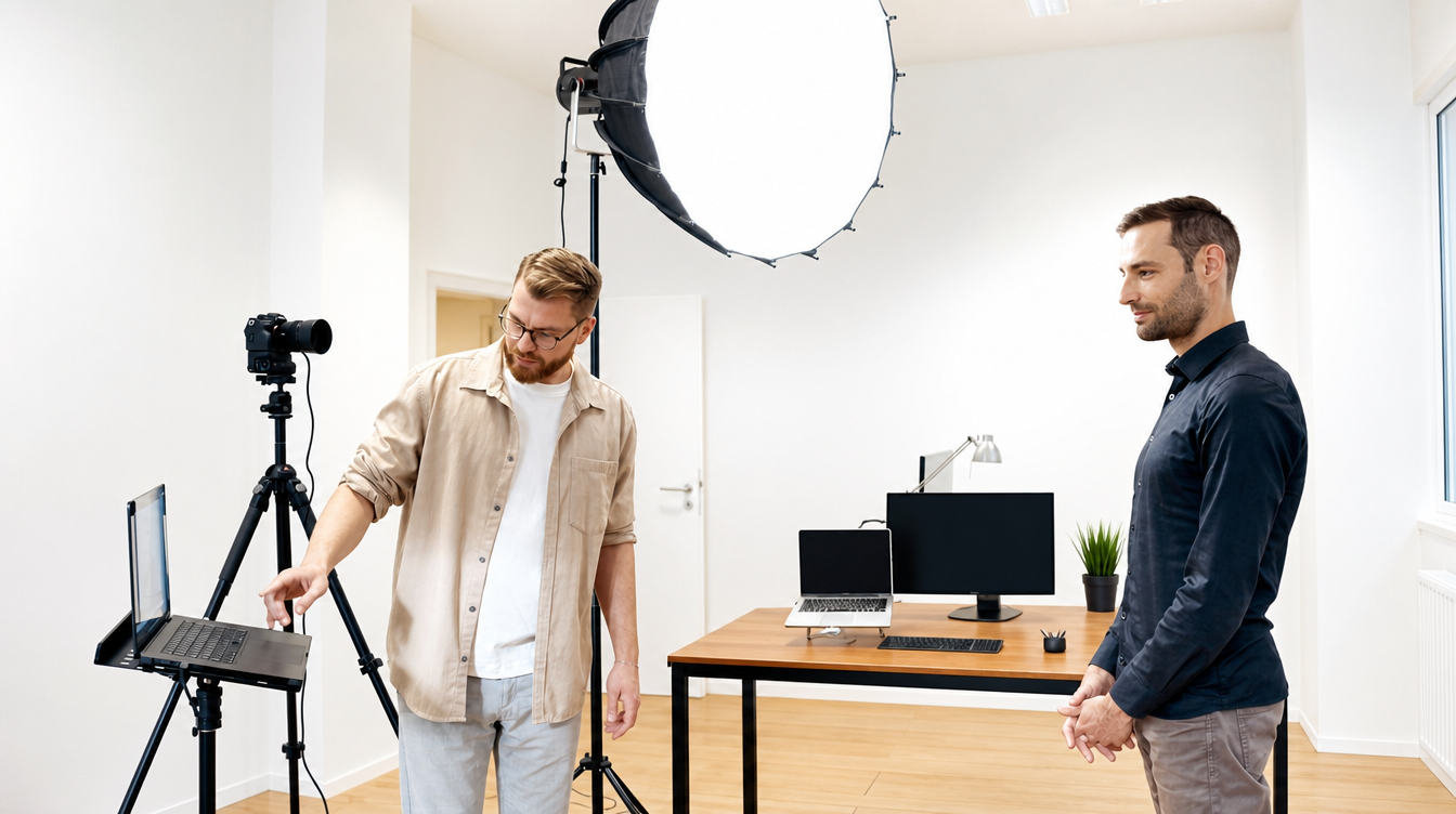 Henrik richtet das mobile Studio in einem Büro ein – professionelle Kamera, Softbox und Laptop